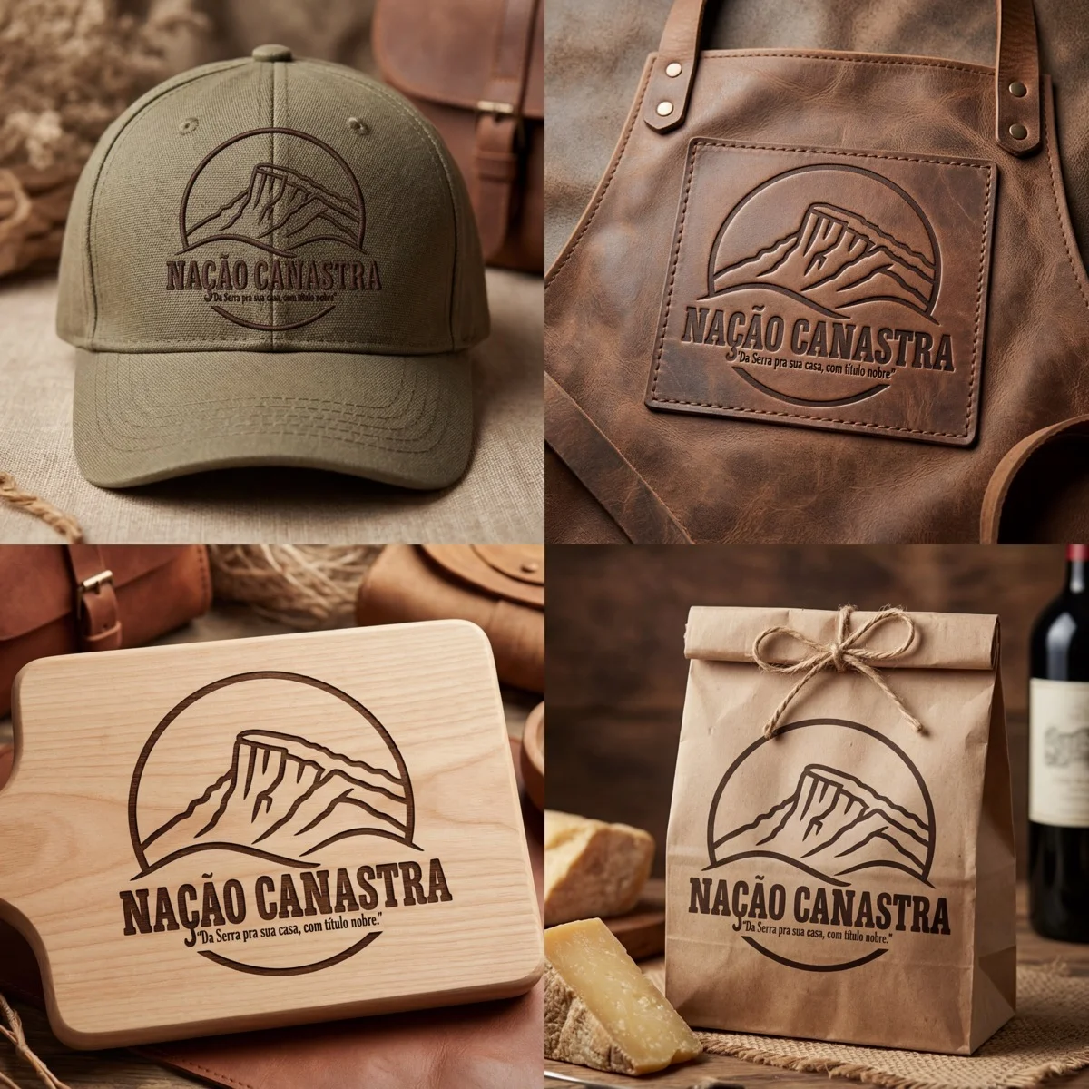 Aplicações da marca em boné, avental, tábua e sacola kraft